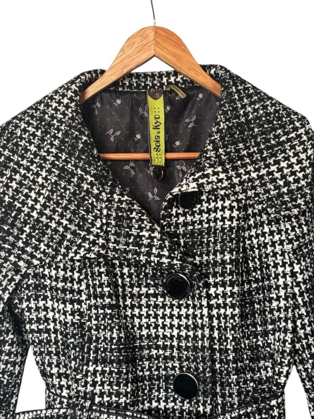 Soia & Kyo Wool Blend Tweed Belted Trench Coat - Black & White Houndstooth Small - Picture 9 of 12
